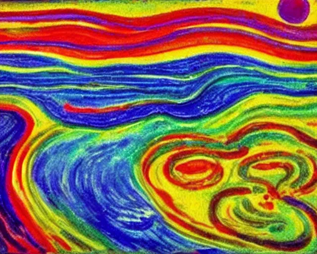 Image similar to Ocean waves in a psychedelic dream world. DMT. Curving rivers. Landscape painting by Edvard Munch. Peter Max.
