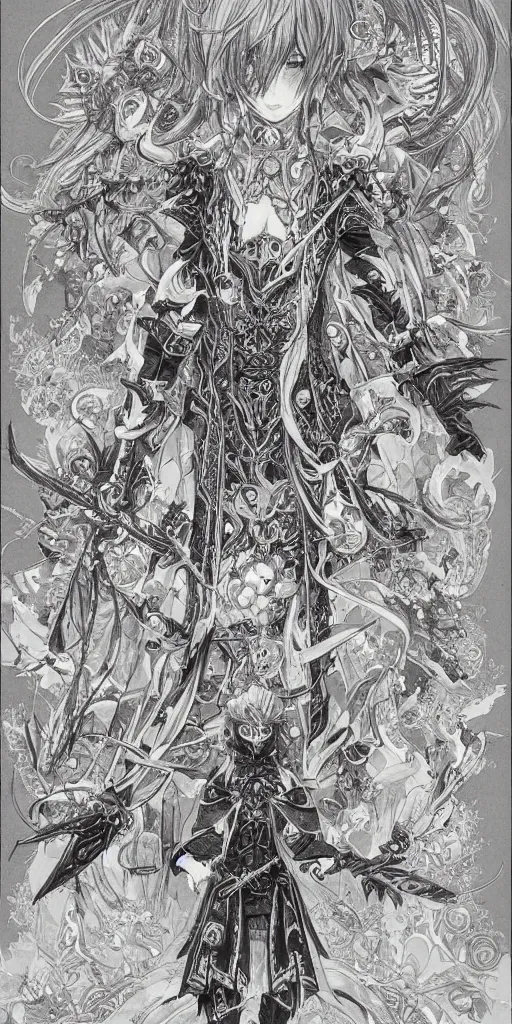 Image similar to a mage from final fantasy 14 drawn by Yoshitaka Amano, intricate, amazing line work, cosmic, psychedelic, cheerful,