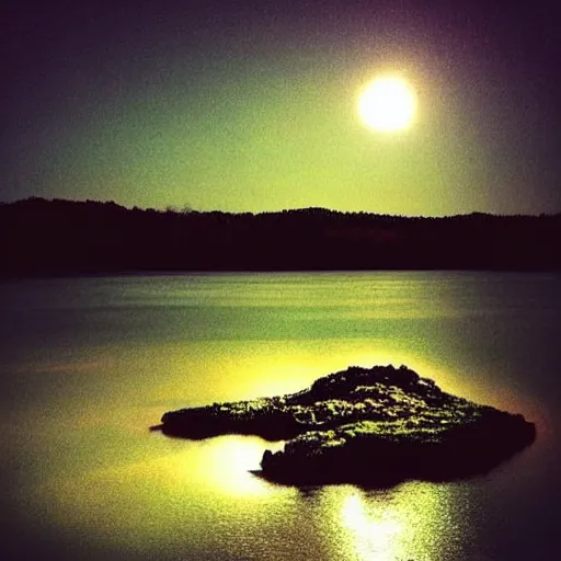 Image similar to “dark blue lake at night with tiny island being illuminated by moonlight, stars in sky”