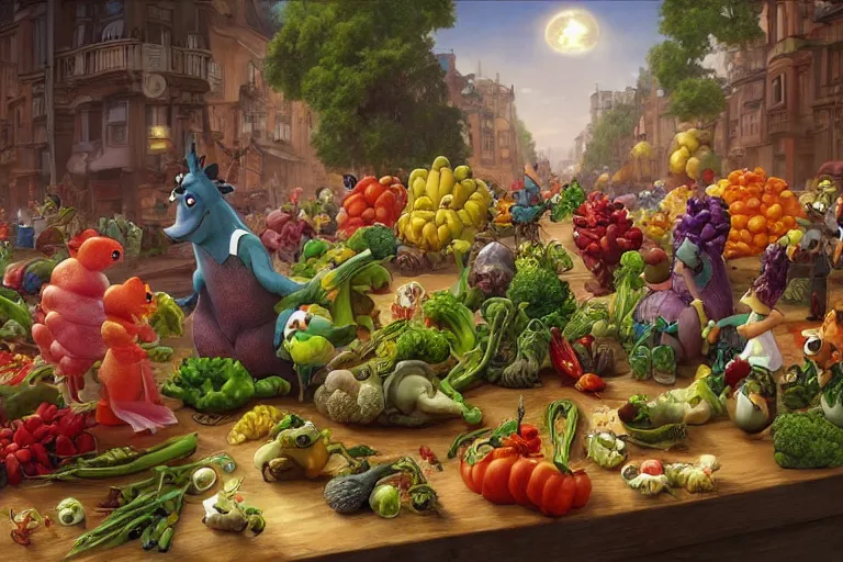 Prompt: vegetable small creatures parade on a cutting board. kitchen in the background. digital art, realistic, pixar style, highly detailed, cinematic, matte painting, vivid colors, realistic, epic, low angle, lighting, by greg rutkowski and artgerm and alphonse mucha