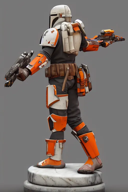 Prompt: mandalorian overwatch style statue made of white and orange marble standing, 3 d render, octane render, unreal engine, overwatch, detailed, dynamic light, beautiful, rococo, accents of red