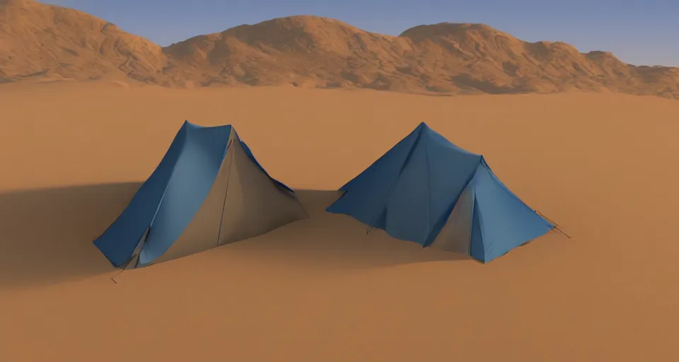 Image similar to hyper realistic matte painting of a small tent in the desert with dunes at night, blue color scheme, artstation, cgsociety