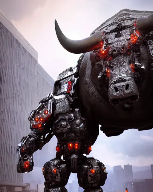 Image similar to a full body shot of an imposing cyborg ( bull ) modeled after a bull looking into the camera, android, cyborg, full body shot, intricate, 3 d, hyper realism, symmetrical, octane render, strong bokeh, fantasy, highly detailed, depth of field, digital art, artstation, concept art, cinematic lighting, trending