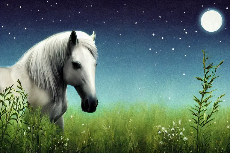 Prompt: a digital painting of a sad horse that's lost in a meadow, tall plants, white lighting, night sky, glows, moonlight,