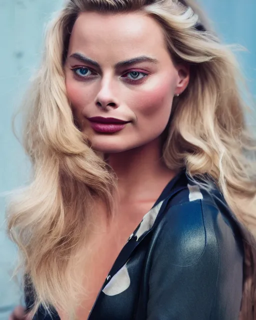 Image similar to Beautiful Head and shoulders portrait of confident flirty margot robbie with straight long blonde hair, by Zoë Mozert , alberto Vargas, arney freytag, artstation, 35mm, fashion photoshoot, posing in an urban street, fashion pose, octane, 4k