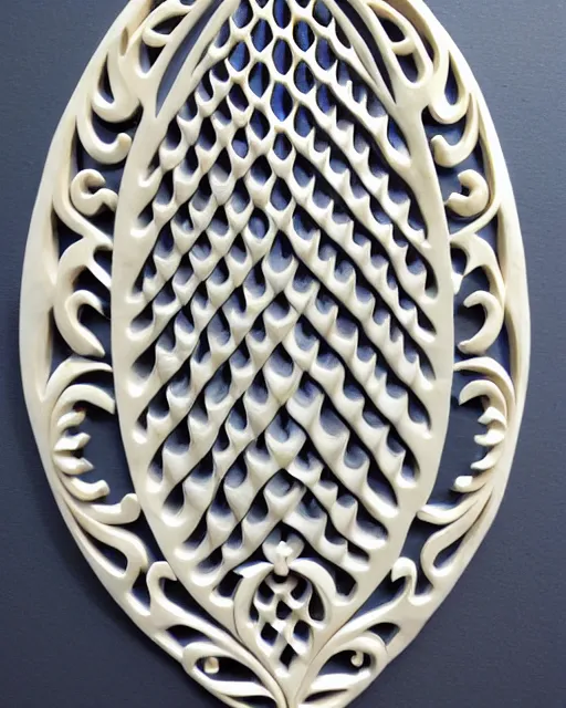 Image similar to wall craving filigree carved out of ivory about fishes fins scales