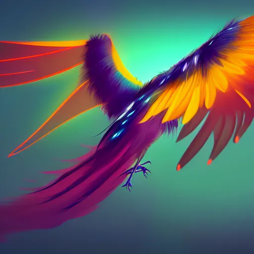 Prompt: flawless painting of futuristic bird with digital wings, colorful feather, lofty flight, epic, ultimate, cinematic, sharp focus, centered, sensual lighting, 8 k hd, artstation, unreal engine 5