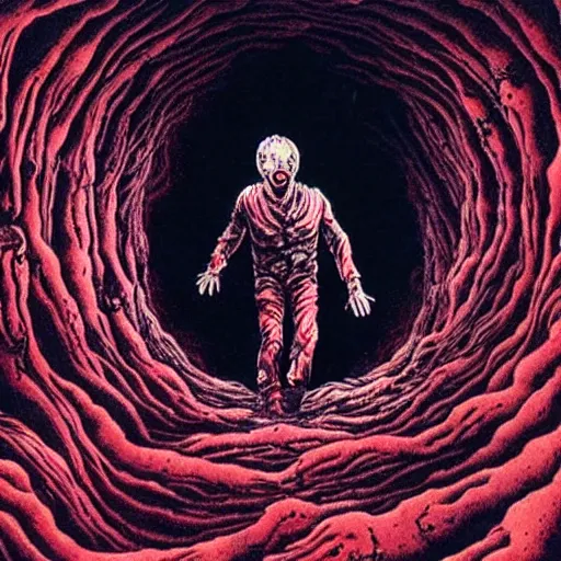 Image similar to ryan reynolds entering a chasm full of unspeakable cosmic horrors, horror, blood red, terrifying atmosphere, atmospheric, by junji ito, 8 k