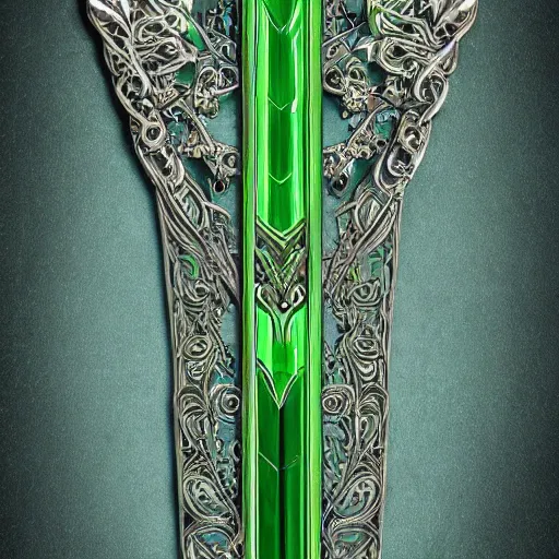 Image similar to symmetric, green fantasy sword, intricate, elegant, highly detailed, digital painting, 4k, HDR, concept art, detailed jewelry, smooth, sharp focus, illustration, matte finish, high contrast, 3d depth, masterpiece, vivid colors, artstationhd