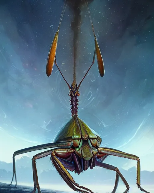 Prompt: a giant space praying mantis eats planet, photo realistic, epic composition, epic light, high details by greg rutkowski and mark marc simonetti