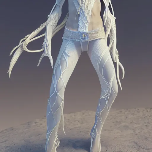 Image similar to a highly detailed elf in full length, with white long hair, white clothes, bright blue eyes, artstation, DeviantArt, professional, octane render