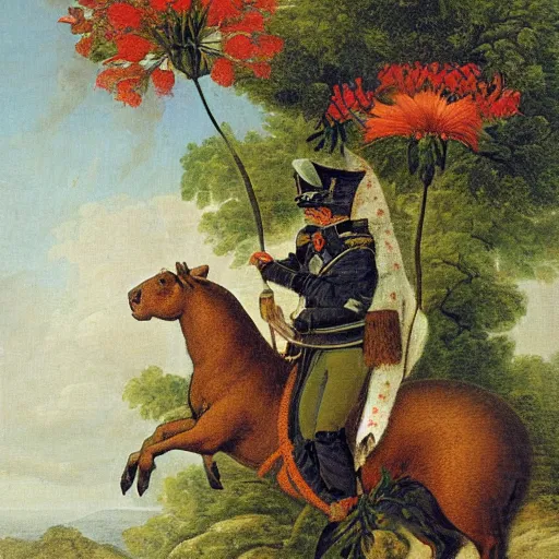 Image similar to a giant squirrel carrying napoleon bonaparte on its back, beach scene with flowers and foliage, detailed oil painting