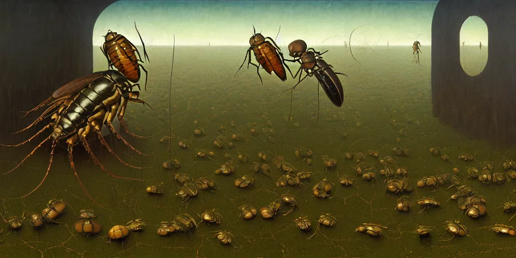 Image similar to cicada, as a matte oil painting, surreal, fog, concept art, award - winning, extremely detailed, sharp focus, very coherent and colorful high contrast masterpiece by norman rockwell franz sedlacek hieronymus bosch dean ellis simon stalenhag rene magritte gediminas pranckevicius, dark shadows, sunny day, hard lighting