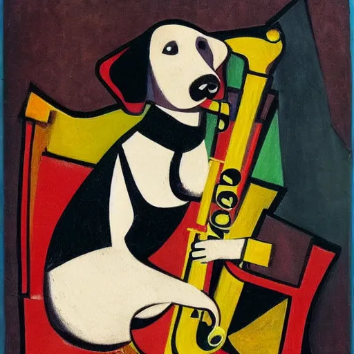 Prompt: dog playing the saxophone, sitting on the couch, medieval portrait, cubism