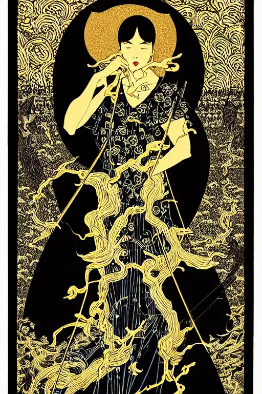 Prompt: highly-detailed vector image of a tarot card by takato yamamoto. natural light, light leaks. 8K HD wallpaper. Black 2.0, metallic gold, metallic silver color scheme.