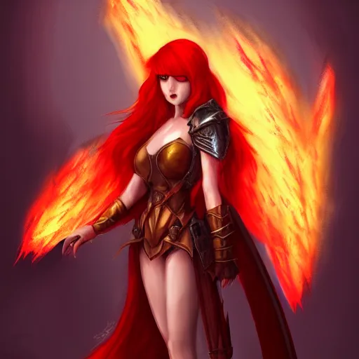 Image similar to fantasy concept art, winged! red hair woman!! flaming sword!!! ( ( ( plate armor ) ) ) ( ( ( ( devilish smile ) ) ) ), 4 k, painting