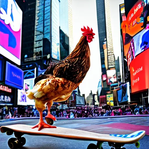 Prompt: a chicken riding a skateboard on time square