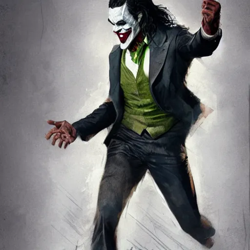 Image similar to jason momoa as joker, full body, dynamic pose, painted by greg rutkowski