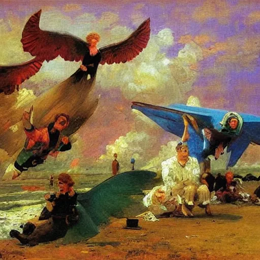 Prompt: zepplins with wings, brightly coloured oil on canvas, by ilya repin