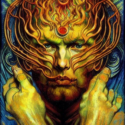 Image similar to Divine Chaos Engine by Karol Bak, Jean Delville, and Vincent Van Gogh, in the style of William Blake and Van Gogh