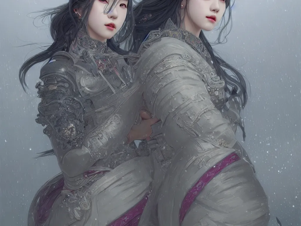 Prompt: portrait jisoo blackpink, grey hair armored samurai clothes, in japanese temple stormy snowy sunrise, ssci - fi and fantasy, intricate and very very beautiful and elegant, digital painting, artstation, concept art, smooth and sharp focus, illustration, art by tian zi and wlop and alphonse mucha