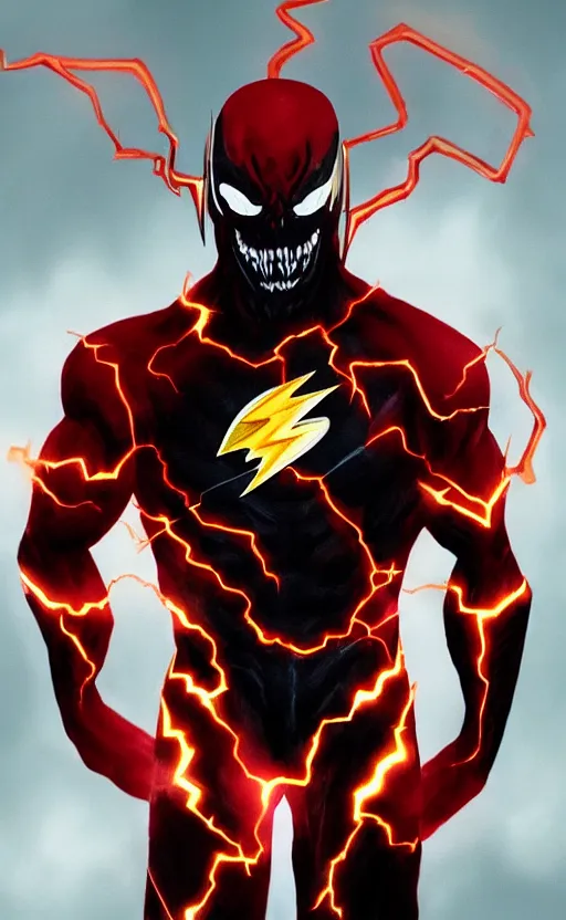 Image similar to full body portrait of venom as the flash, black and red, dynamic lighting, cinematic, ultra detailed, trending on art station, stunning visuals, creative, fantasy concept art