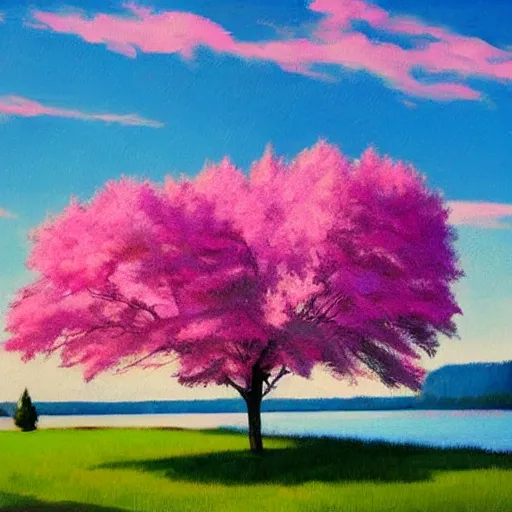 Prompt: beautiful pink tree beside a large lake landscape in the style of Edward Hopper