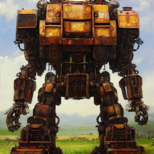 Prompt: oil painting of a huge rusting mech, that resembles a mechanical gorilla, highly detailed, complex, intricate by james gurney sleek, elegant, anime style