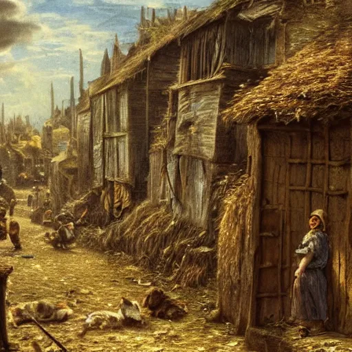 Image similar to jean francois millet as slum neighborhood on lord of the ring, random content position, ultra realistic human face details with emotion, ultra realistic environment contents detail, incrinate, delete duplicated content, rgb color