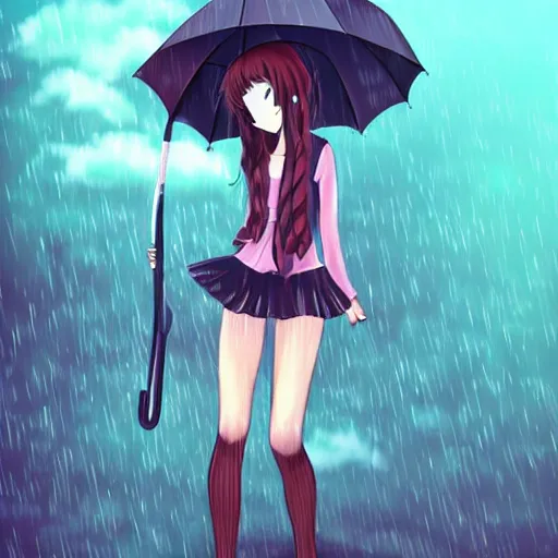 Image similar to anime girl in copron tights, in full growth, beautiful appearance, curly hair, holding an umbrella and it's raining, beautiful figure