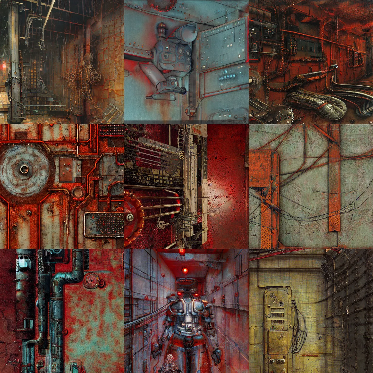 Prompt: scifi, chost in the shell, mamoru oshii, panels, wires, rivets, cut lines, organic, diffuse texture, dull red flaking paint, bright rusty metal wall seamless game texture, by dean cornwell, nc wyeth, painterly, 4 k, textures. com, high resolution, paintchips