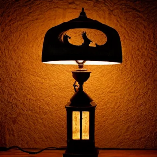 Image similar to a glowing lamp rustic and old looking with worn feel, lamp shade has dragons on it with are silhouetted because of the light, hyper detailed and realistic