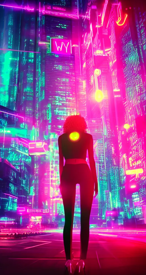 Image similar to cyber women, city, neon lights, glow, retrowave style, sunset,