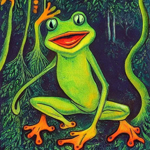 Prompt: a green frog-like genie ready to grant wishes deep in the forest, fantasy illustration, Louis wain