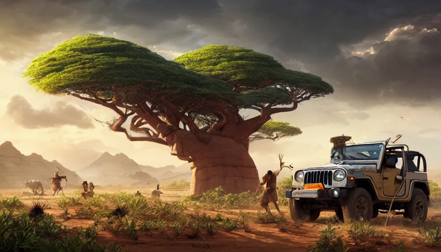 Image similar to mahindra thar driving through madagascar with baobabs trees, tribe members chasing for an attach, action scene, an epic fantasy, artgerm and greg rutkowski and alphonse mucha, an epic fantasy, volumetric light, detailed, establishing shot, an epic fantasy, cinematic, photorealistic, trending on art station, octane render, midsommar