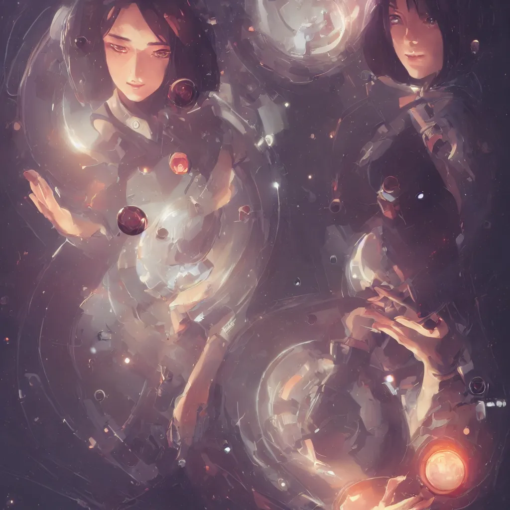 Prompt: a beautiful female scientist holding a small black hole in her hands, anime art, symmetrical facial features, symmetrical proportions, illustration, style by jordan grimmer and greg rutkowski