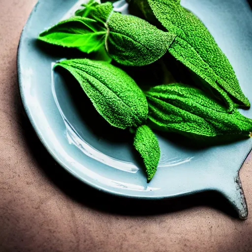 Image similar to a salvia divinorum plant served at a fancy restaraunt on a fancy plate, gorgeous depth of field proffessional food photography