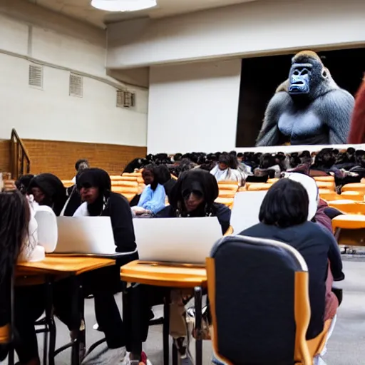 Image similar to gorilla taking an exam in an auditorium full of people