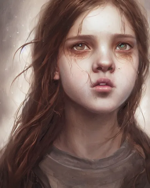 Prompt: portrait of 1 5 - year - old girl with thick brown hair, large front teeth, and bright piercing brown eyes, hyper realistic face, beautiful eyes, fantasy art, in the style of greg rutkowski, intricate, hyper detailed, smooth