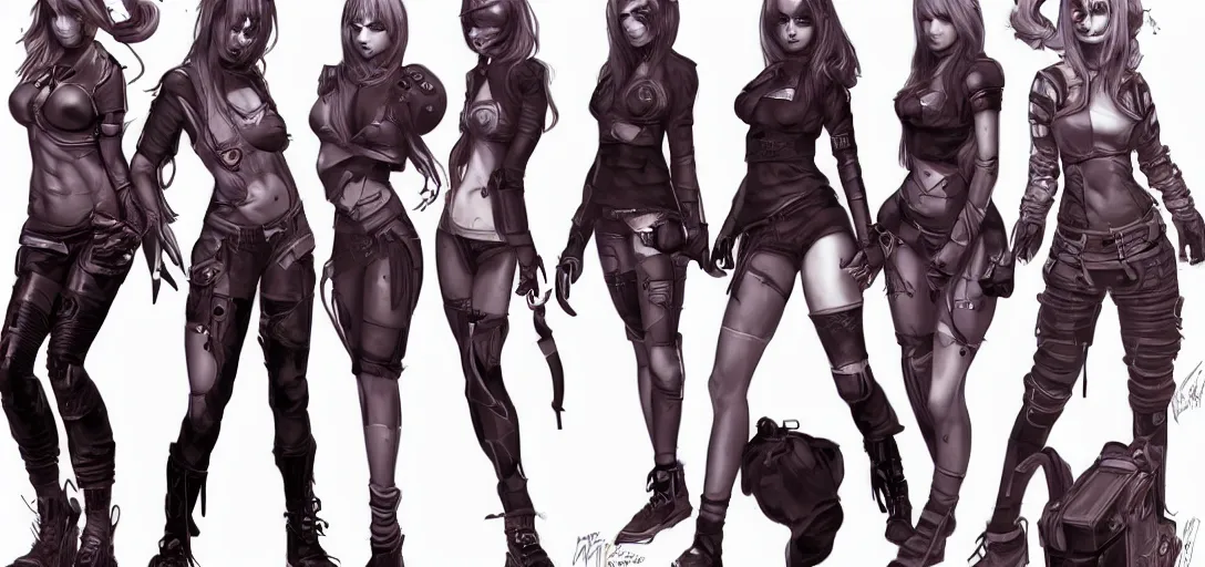 Image similar to character sheet concept art of female video game characters, streetwear, futurepunk, dark, moody, by marc brunet and artgerm