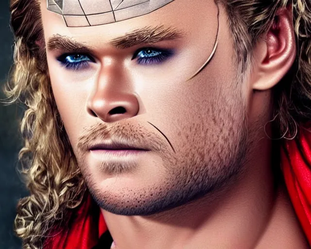 Prompt: chris hemsworth as thor with tons of drag queen makeup, digital art, amazing detail, photorealistic
