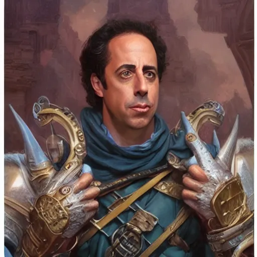 Prompt: the jerry seinfeld as a realistic d & d fantasy character, closeup portrait art by donato giancola and greg rutkowski, vintage retro, realistic face, digital art, trending on artstation, symmetry!!