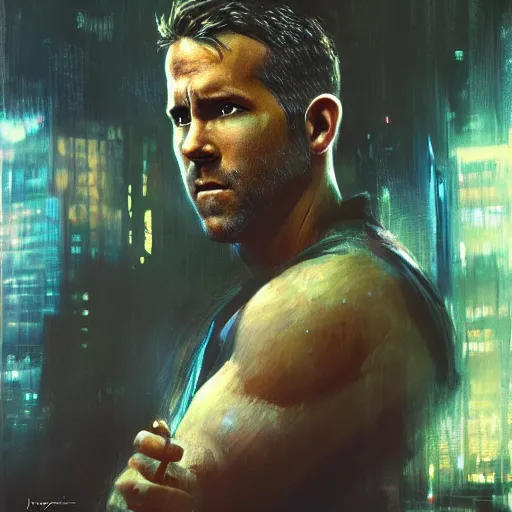 Image similar to ryan reynolds, hyperrealistic portrait, bladerunner street, art of elysium by jeremy mann and alphonse mucha, fantasy art, photo realistic, dynamic lighting, artstation, poster, volumetric lighting, very detailed face, 4 k, award winning