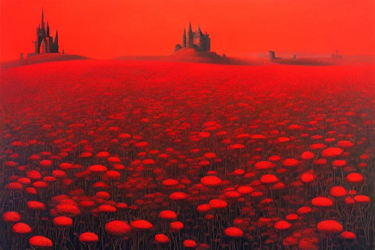 Image similar to only with red, red flowers of different types, a castle in the background, red giants rest over the flowers, in the style of beksinski, part by hopper, part by rodcenko, part by hofbauer, intricate composition, red by caravaggio, insanely quality, highly detailed, masterpiece, red light, artstation, 8 k