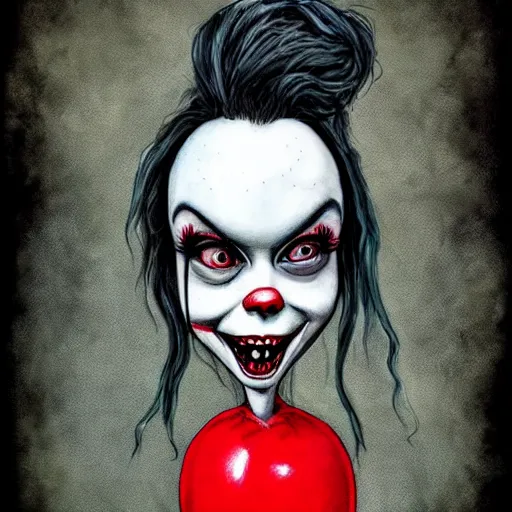 Image similar to grunge cartoon painting of billie eilish with a wide smile and a red balloon by chris leib, loony toons style, pennywise style, corpse bride style, horror theme, detailed, elegant, intricate