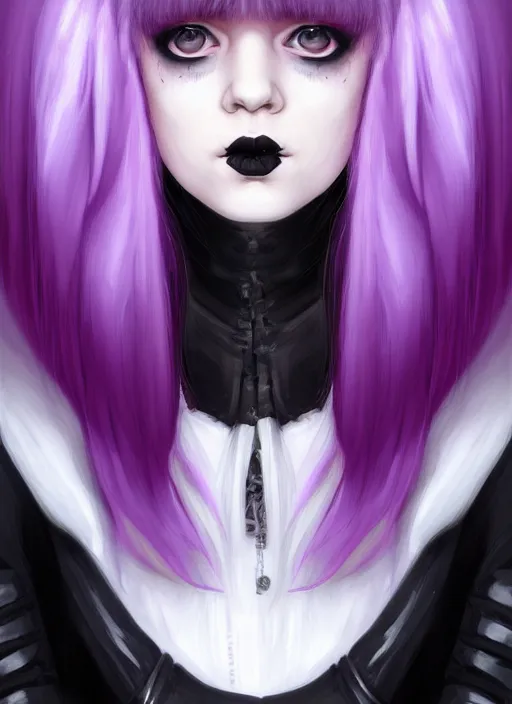 Image similar to portrait of white teenage girl, normal face, black bangs, mall goth, cyberlox, black and white hair, bangs, fluffy bangs, red contacts, purple lipstick, intricate, elegant, highly detailed, digital painting, artstation, concept art, sharp focus, smooth, illustration, art by wlop, mars ravelo and greg rutkowski