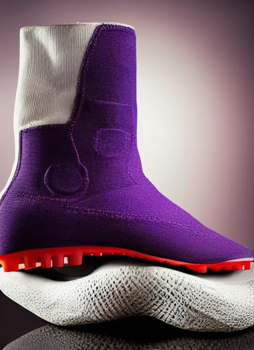 Image similar to hyperrealistic and heavy detailed product photo off white boot of thanos ( marvel comics ), in front of white back drop, whole shoe is in picture, leica sl 2 5 0 mm, vivid color, high quality, high textured, real life