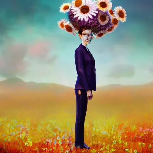 Image similar to giant daisy flower head, frontal, girl in a suit, surreal photography, sunrise, dramatic light, impressionist painting, digital painting, artstation, simon stalenhag