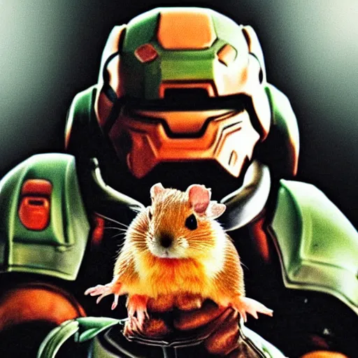 Image similar to doom guy holding a hamster