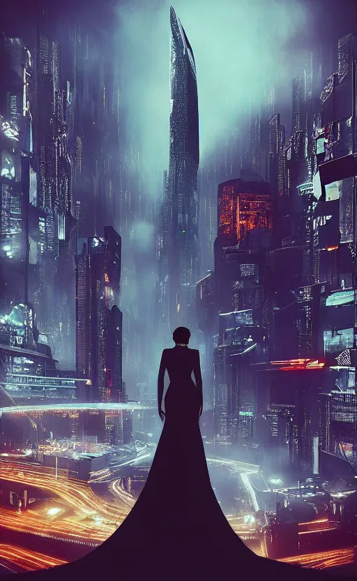 Image similar to “elegant Black woman in dress and heels with her back to us, looking at a futuristic Blade Runner city” 8K